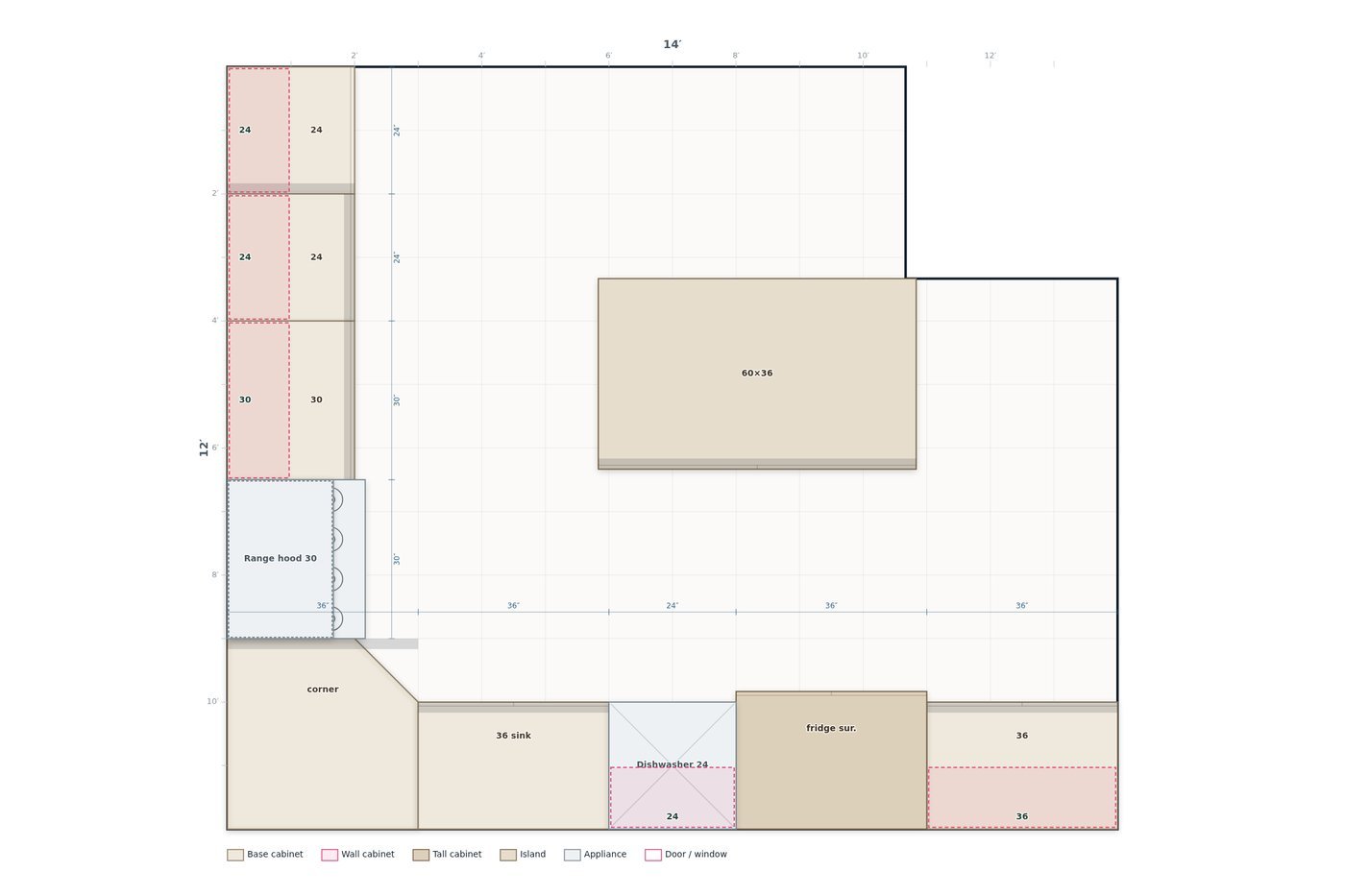 A floor plan drawn in OpalSketch: an L-shaped kitchen with an island, every cabinet labelled with its width