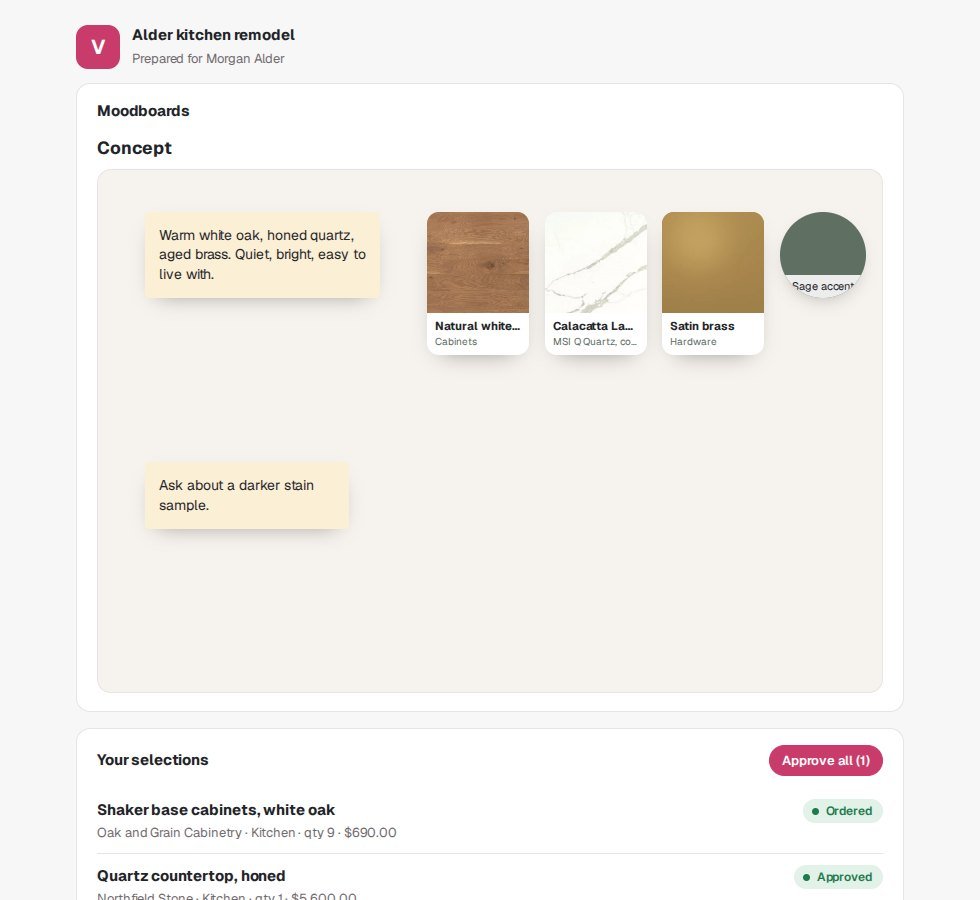 The client view with designs, selections to approve, quotes and messages