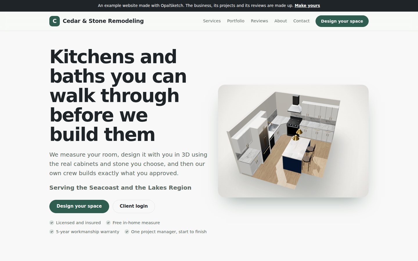 An example contractor website made with OpalSketch, with a Design your space button and a Client login button